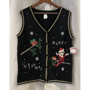 Holiday Time Sweater Vest Cardigan Christmas Elf Merry Gift Snowflake‎ Beaded L